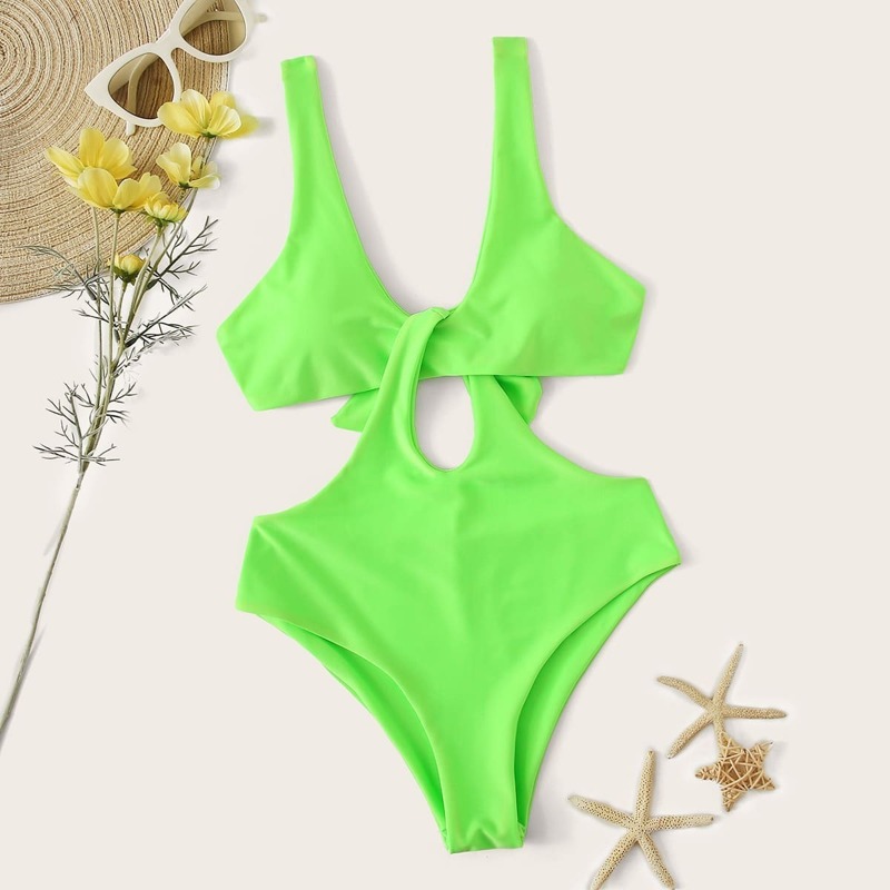 

Cut-Out Tie Back One Piece Swimsuit, Green bright