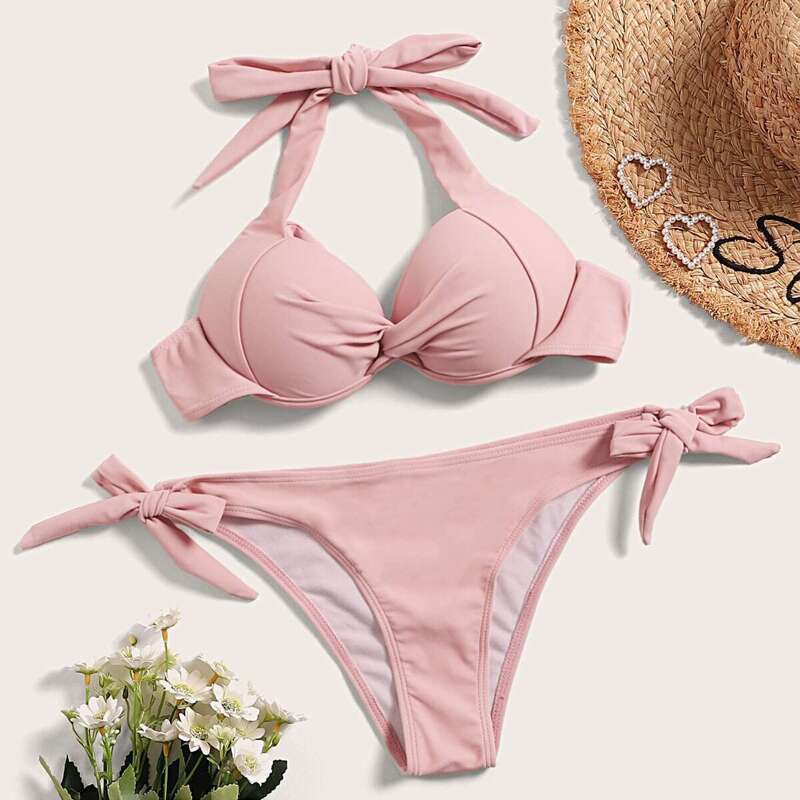 

Twist Halter Top With Tie Side Bikini Set, Pink