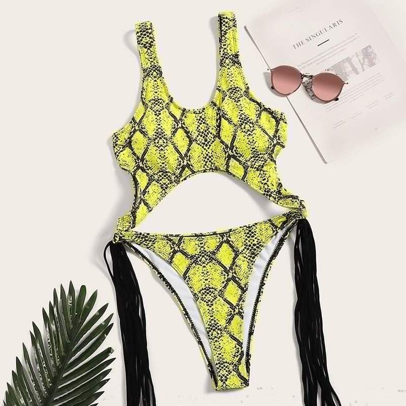 

Snake Print Cut-out Front Fringe One Piece Swimsuit, Yellow
