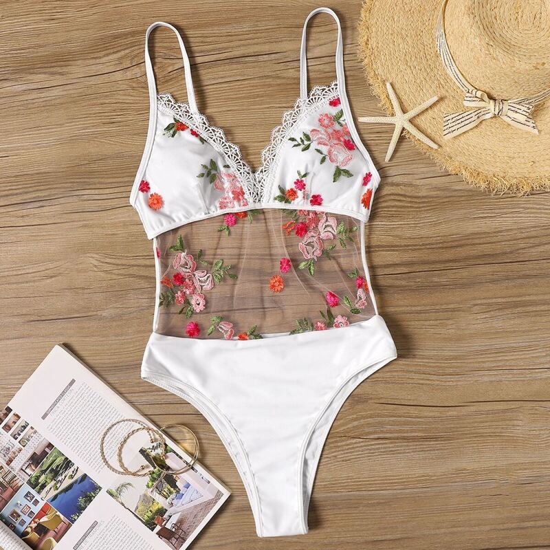 

Mesh Floral Embroidered Lace Trim Monokini, Multicolor