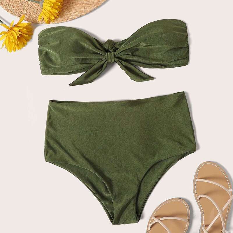 

Knot Front Bandeau With High Waist Bikini Set, Army green