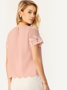 SHEIN Scallop Hem Lace Sleeve Top - Baby Pink - View 2
