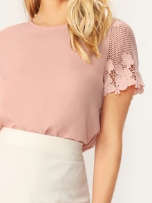 SHEIN Scallop Hem Lace Sleeve Top - Baby Pink - View 4