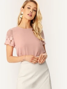 SHEIN Scallop Hem Lace Sleeve Top - Baby Pink - View 1