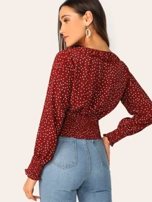 SHEIN Blusa fruncido con estampado de lunares ribete fruncido - Burdeos - Ver 2