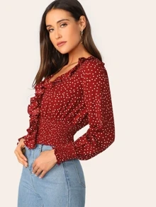SHEIN Blusa fruncido con estampado de lunares ribete fruncido - Burdeos - Ver 3