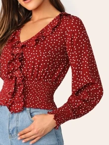 SHEIN Blusa fruncido con estampado de lunares ribete fruncido - Burdeos - Ver 4