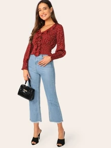 SHEIN Blusa fruncido con estampado de lunares ribete fruncido - Burdeos - Ver 5