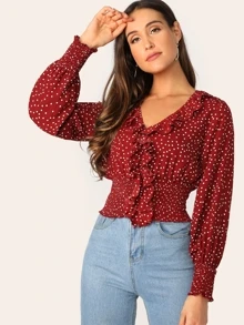 SHEIN Blusa fruncido con estampado de lunares ribete fruncido - Burdeos - Ver 1
