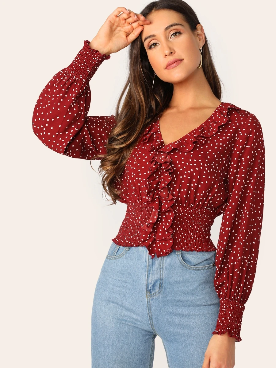 SHEIN Blusa fruncido con estampado de lunares ribete fruncido - Burdeos - Ver 1