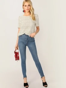 SHEIN 後蝴蝶結心形印花上衣 - 米色 - 查看 5