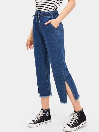 Split Side Raw Hem Wide Leg Jeans pictures