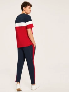 Manfinity 男士拼色tee和抽繩腰褲子套裝 - 彩色 - 查看 2