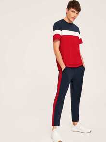 Manfinity 男士拼色tee和抽繩腰褲子套裝 - 彩色 - 查看 4