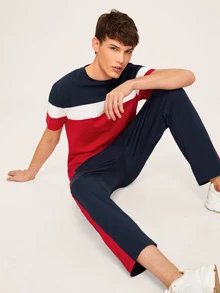 Manfinity 男士拼色tee和抽繩腰褲子套裝 - 彩色 - 查看 1