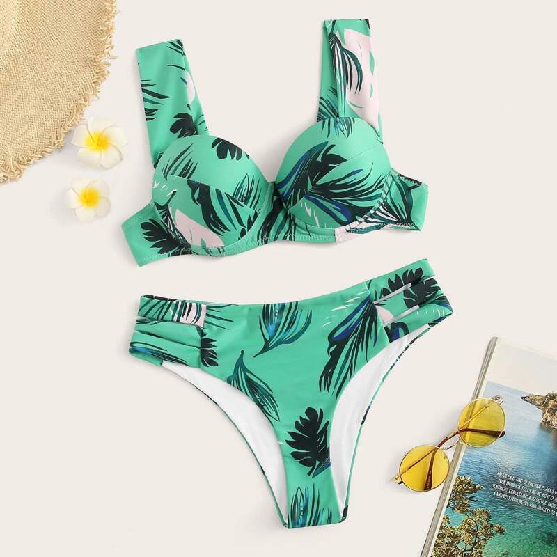 

Tropical Print Bustier Top With Cut Side Bikini Set, Green