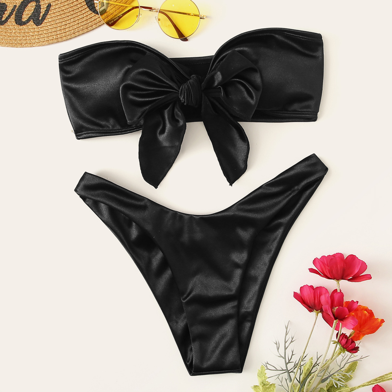 

Bow Tie Satin Bandeau With High Cut Bikini, Black