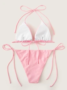 Self Tie Halterneck Triangle Tanga Bikini Set Summer Beach - Baby Pink - View 2