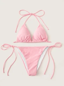 Self Tie Halterneck Triangle Tanga Bikini Set Summer Beach - Baby Pink - View 3