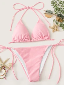 Self Tie Halterneck Triangle Tanga Bikini Set Summer Beach - Baby Pink - View 1