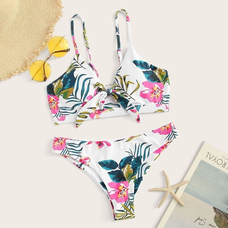 

Knot Front Top With Random Floral Bikini Set, Multicolor