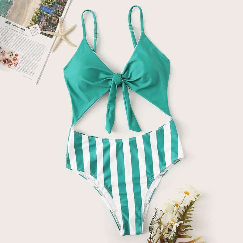 

Striped Knot Front Cut-Out One Piece Swimsuit, Green