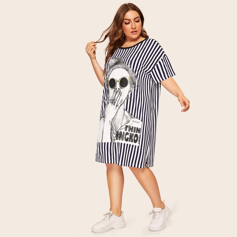 

Plus Figure Print Striped Dress, Black and white