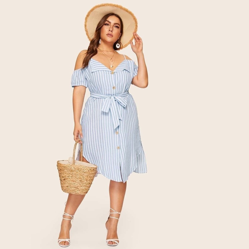 

Plus Cold Shoulder Striped Shirt Dress, Blue