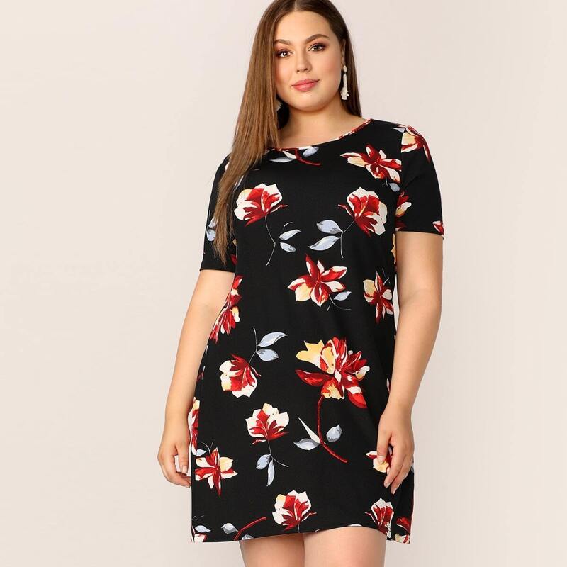 

Plus Round Neck Floral Print Dress, Black