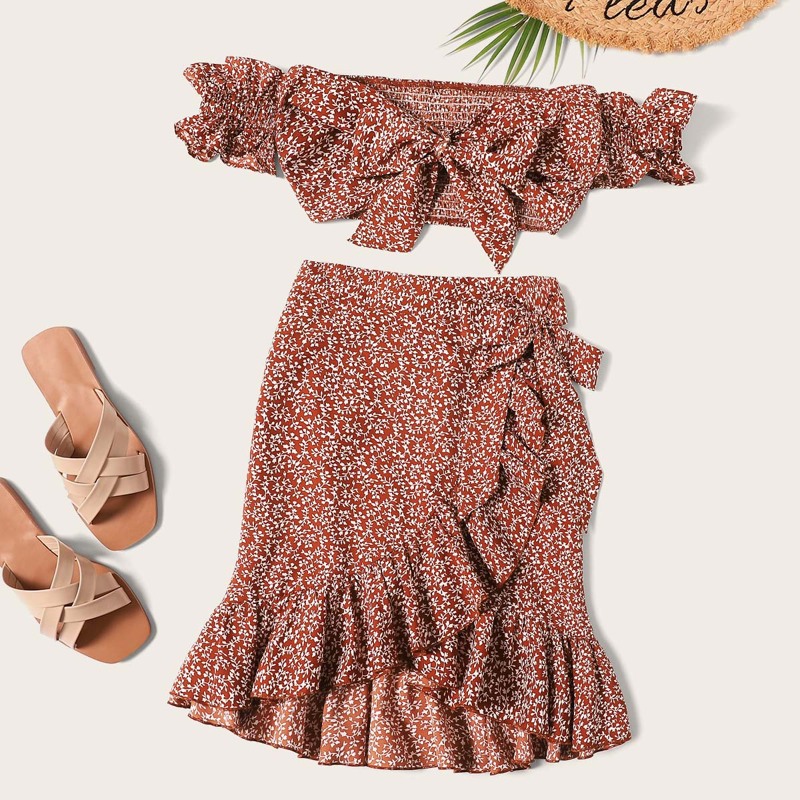 

Knotted Shirred Floral Bardot Top & Ruffle Wrap Skirt Set, Red