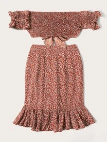 SHEIN WYWH Conjunto top de hombros descubiertos floral fruncido con nudo con falda cruzada fruncido - Rojo - Ver 2