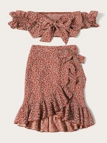 SHEIN WYWH Conjunto top de hombros descubiertos floral fruncido con nudo con falda cruzada fruncido - Rojo - Ver 5