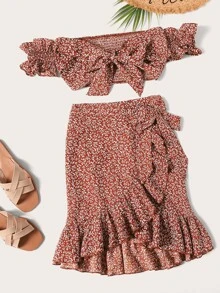 SHEIN WYWH Conjunto top de hombros descubiertos floral fruncido con nudo con falda cruzada fruncido - Rojo - Ver 1