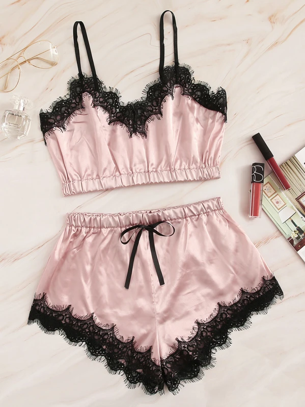 Donna Bianco in Raso e Pizzo Effetto Lycra CAMI Reggiseno e slip Set taglia 12 A