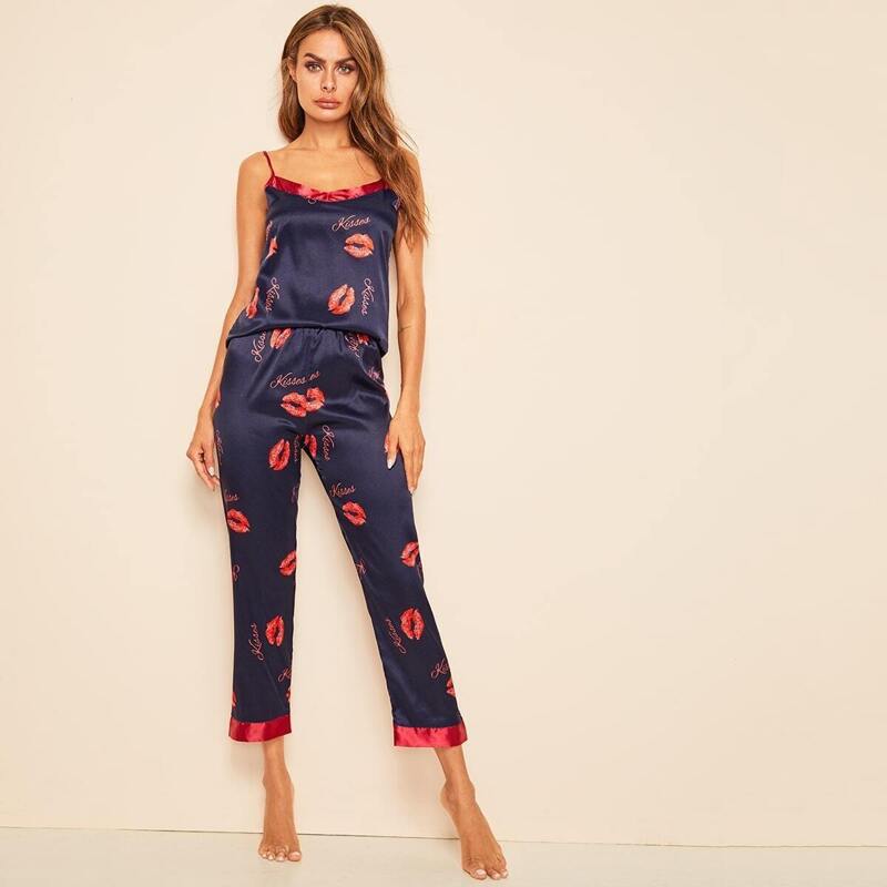 

Lip & Letter Graphic Satin Cami PJ Set, Navy