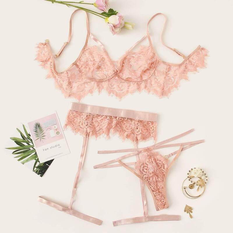 

Harness Eyelash Floral Lace Garter Lingerie Set, Pink