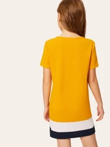 SHEIN 女孩拼色圓形領直筒連衣裙 - 芥末黃 - 查看 2