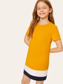 SHEIN 女孩拼色圓形領直筒連衣裙 - 芥末黃 - 查看 5