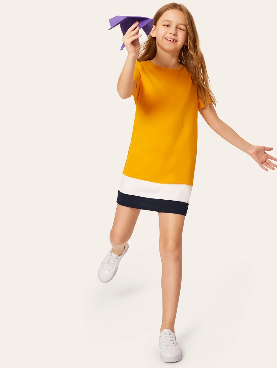 SHEIN 女孩拼色圓形領直筒連衣裙 - 芥末黃 - 查看 1