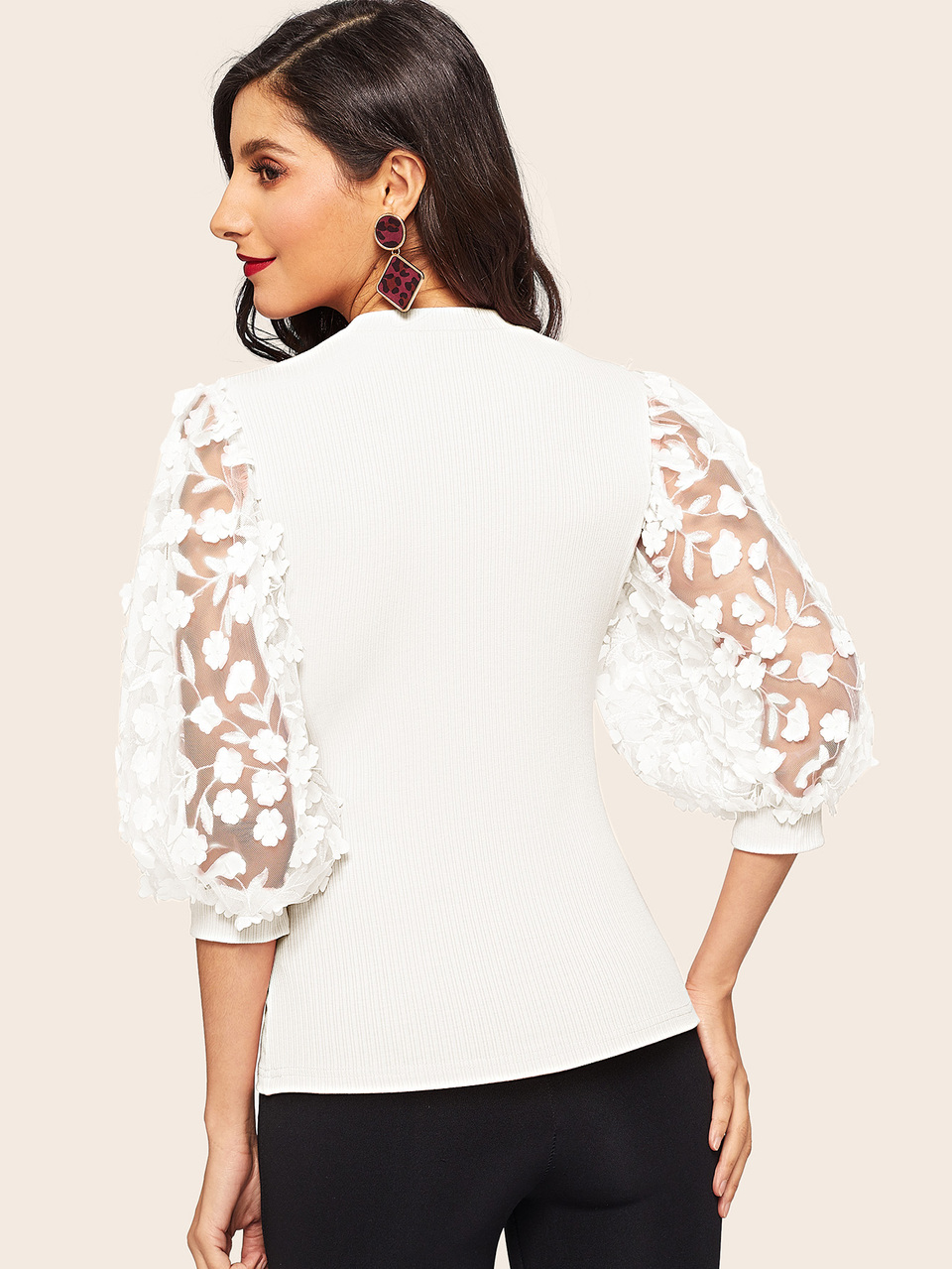 Bishop Sleeve Lace Appliques Rib-knit Tee
