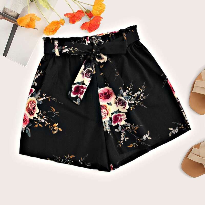 

Floral Print Self Tie Shorts, Black