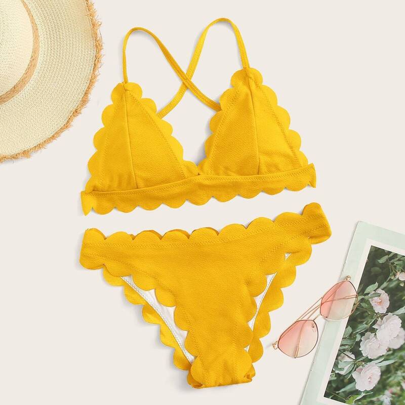 

Criss Cross Self Tie Top With Scallop Trim Bikini Set, Yellow bright
