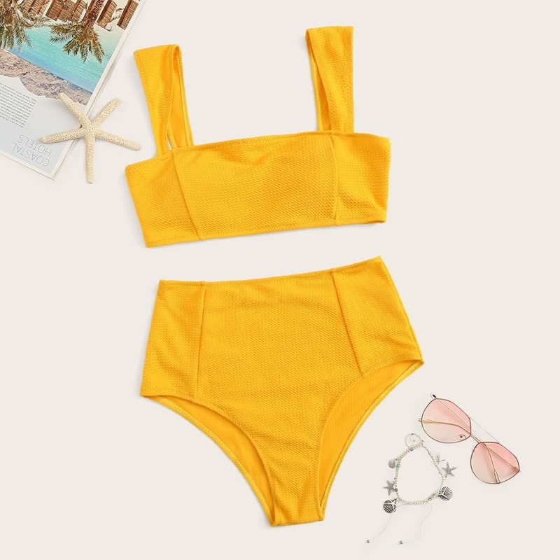 

Wide Straps Top With High Waist Bikini Set, Yellow