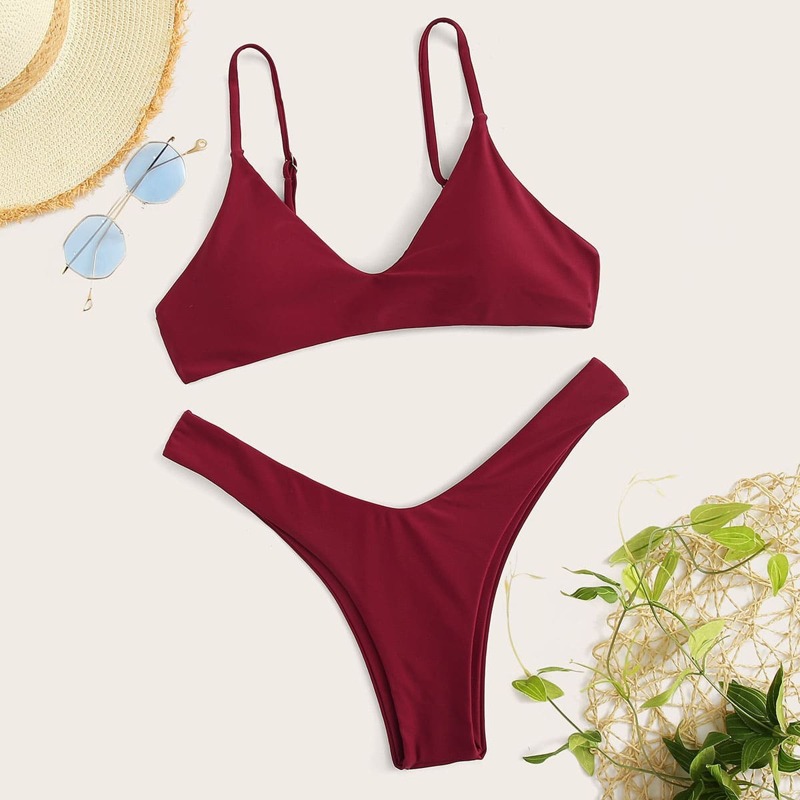 

Thin Strap Top With High Cut Bikini Set, Burgundy