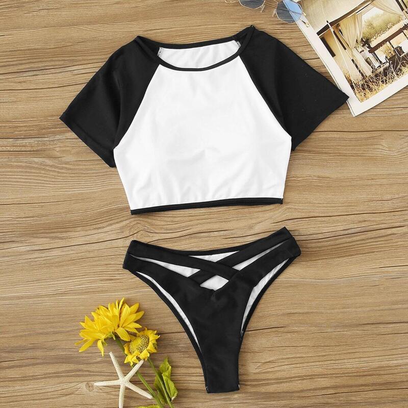 

Short Sleeve Top With High Cut 2 Piece Swimwear, Black and white
