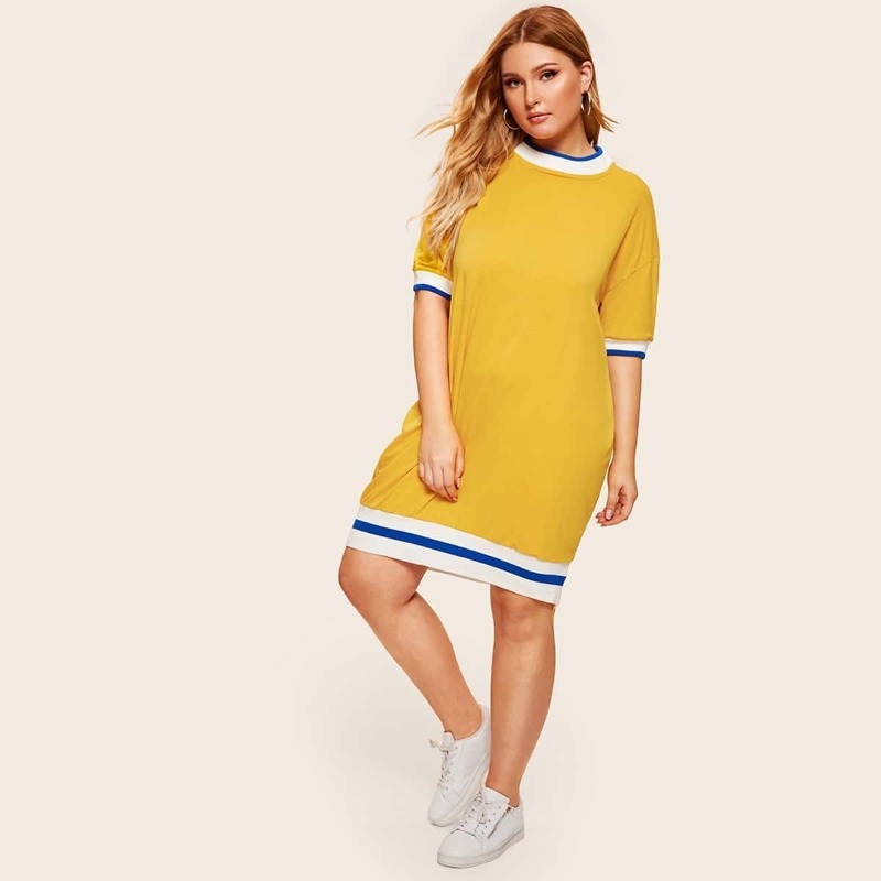 

Plus Contrast Trim Drop Shoulder Dress, Yellow