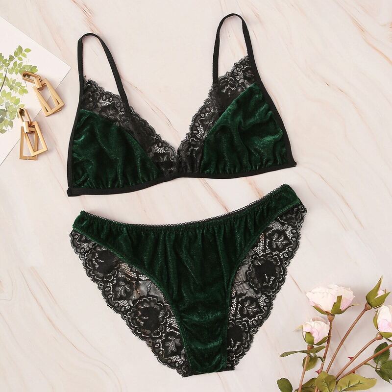 

Floral Lace Velvet Lingerie Set, Green