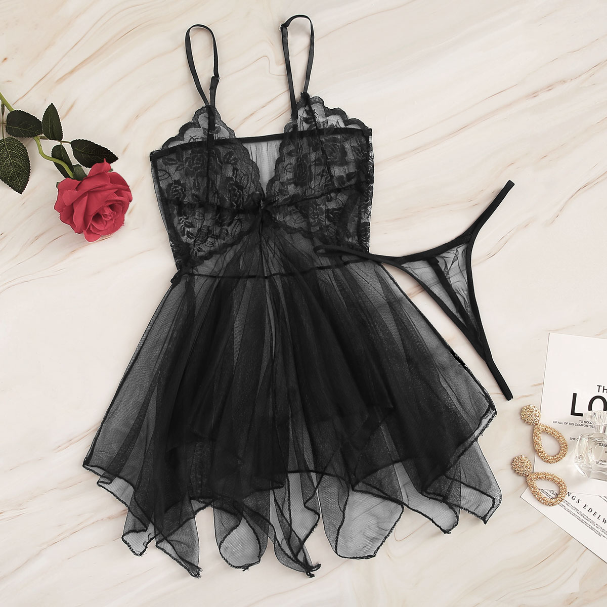 Image of Contrast Lace Asymmetrical Sheer Slips With Thong