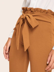 SHEIN Privé Frill Trim Bow Tie Waist Solid Pants - Camel - View 2