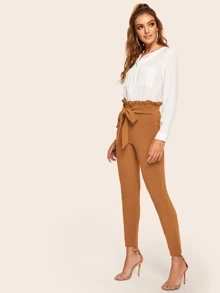 SHEIN Privé Frill Trim Bow Tie Waist Solid Pants - Camel - View 3
